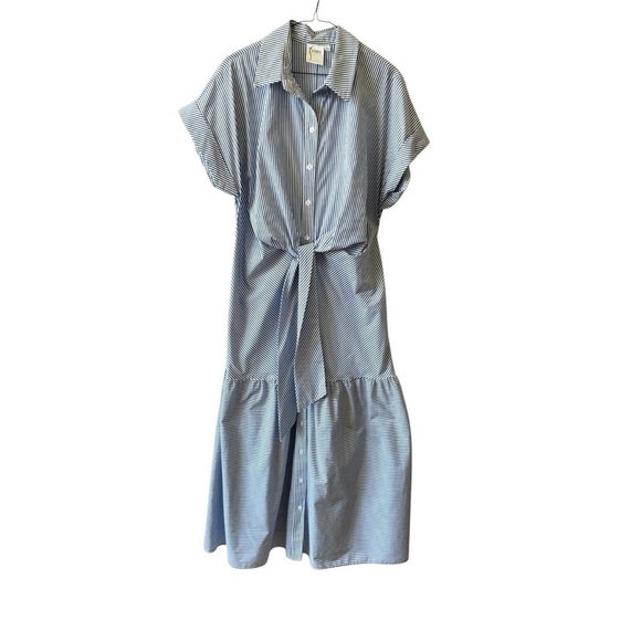 FINLEY STRIPED TIE WAIST COTTON BLEND MIDI SHIRTDRESS COASTAL NAUTICAL A LINE LG - Picture 2 of 12